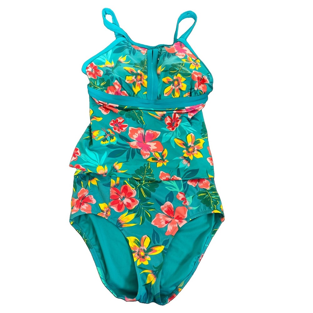 Lands' End Teal Floral Keyhole High Neck Tankini Set Swim Suit Women Size 12